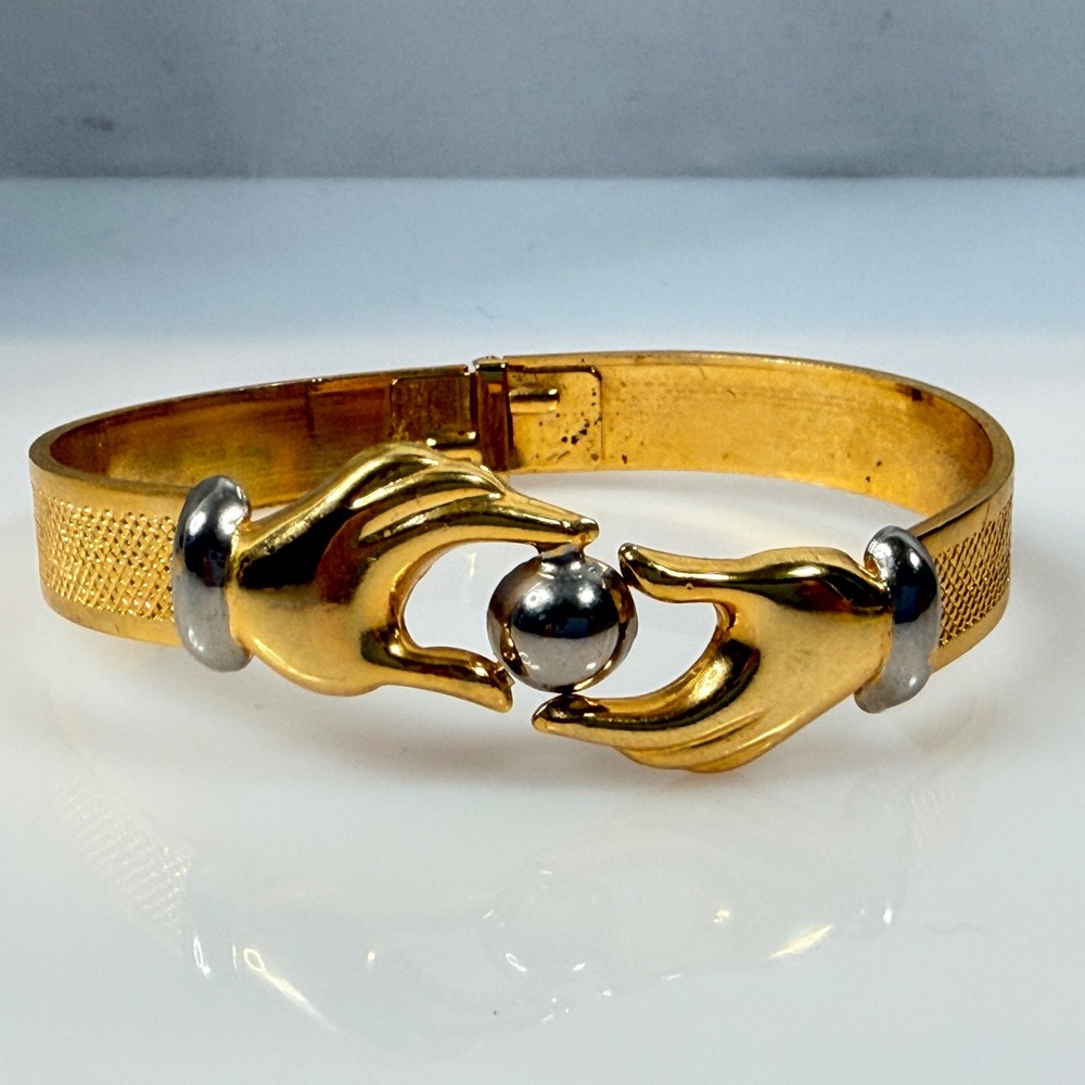 Vintage Gold Tone Hand Bracelet Holding Orb Hinged Cuff Two Tone Size 6.25